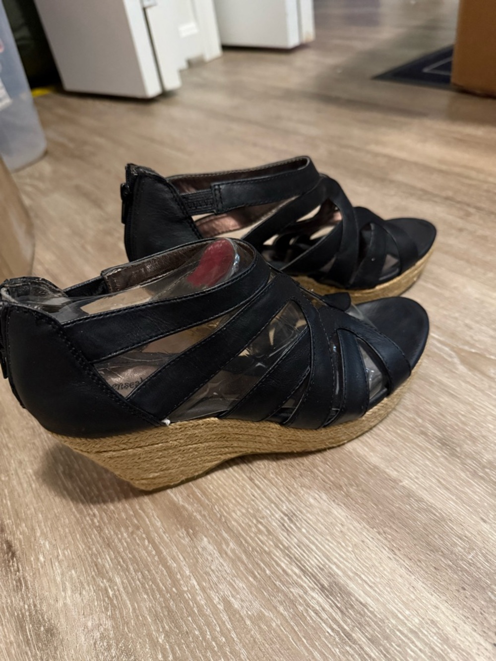 Women's Black Strappy Wedge Sandals with Espadrille Platform
